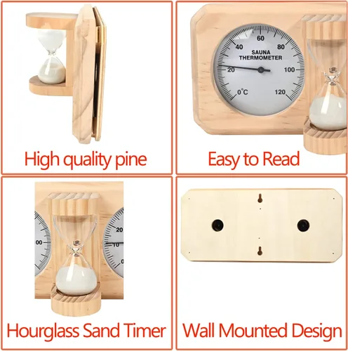 Vista 5 de ikare Termómetro e higrómetro para sauna 3 en 1 de madera con temporizador de arena de reloj de arena de 15 minutos, accesorios de pared para sauna