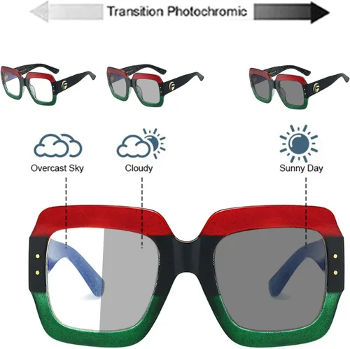 Vista 4 de Transición Fotocrómica Multifocal Presbicia Ordenador Gafas De Lectura Para Las Mujeres De Gran Tamaño Cuadrado Gafas De Sol Lectores