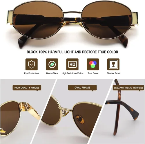 Vista 6 de Lentes de sol ovalados para mujer, diseño de moda, para cara pequeña, marco de metal retro, sombras para mujer
