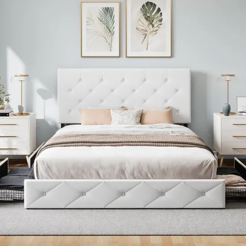 Vista 3 de WEEWAY Base de cama de plataforma de tamaño matrimonial con 4 cajones de almacenamiento, cabecera capitonada con botones de costura de diamante