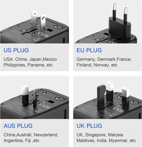 Vista 4 de Adaptador de Viaje Universal, VYLEE 5 en 1 Adaptador de Corriente Internacional, 3.5A 2xUSB-A y 2xUSB-C Cargador de Pared, Enchufe Esencial de Viaje