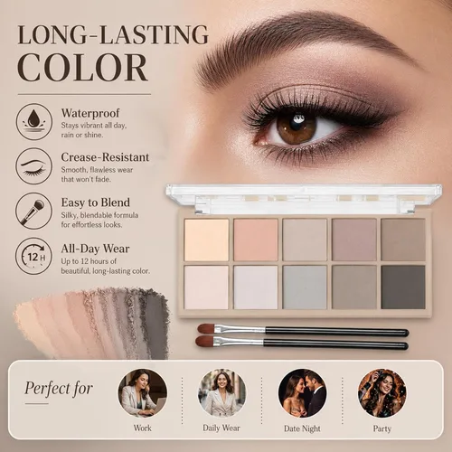 Vista 6 de Sulily Paleta de sombra de ojos color nude, 10 colores, maquillaje de sombra de ojos mate, gris pardo marrón, humo neutro, pigmento alto mezclable