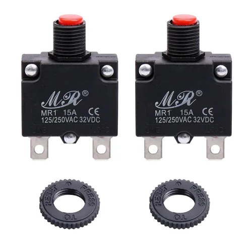 Vista 2 de Interruptores térmicos de 15 amperios, 125/250 V CA 32 V CC, botón de reinicio manual, protector de sobrecarga, interruptor de disyuntor de 15 A