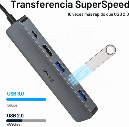 Vista 5 de Hub USB C, adaptador multipuerto USB C de JESWO con RJ45 Ethernet, 4K HDMI, 100 W PD, 3 puertos USB 3.0, base tipo C para laptop Thunderbolt 3
