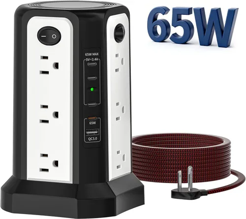 Vista 2 de PD65W USB C Estación de carga rápida de escritorio, regleta de alimentación PASSUS con 12 salidas de CA 4 USB C 1 USB A, cable de extensión