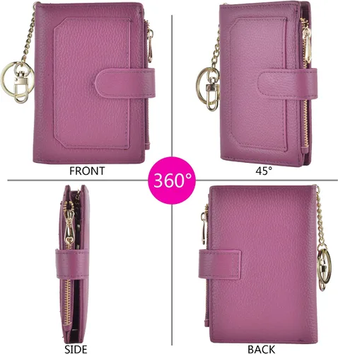 Vista 4 de Billeteras RFID pequeñas compactas y plegables de cuero para mujer, llavero con bolsillo con cremallera