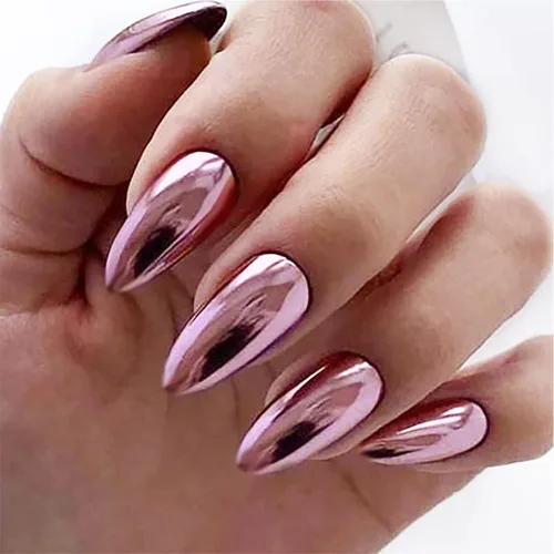 Vista 10 de Uñas postizas a presión cromadas de bronce y almendra mediana, uñas postizas de aguja con diseño brillante, uñas postizas acrílicas de metal