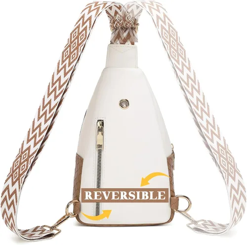 Vista 5 de Bolso bandolera para mujer, cangurera de pecho pequeño, de piel sintética de viaje a la moda, con correa ajustable, F106-beige y marrón claro, Bolso