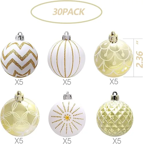 Vista 2 de 30 bolas de adorno de Navidad, 60 mm, doradas y blancas, decoraciones de Navidad para árbol de Navidad, adornos colgantes irrompibles para fiestas