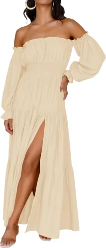Vista 56 de ZESICA - Vestido largo, bohemio y sexy, con hombros descubiertos y manga larga fruncida, con elástico fruncido, cintura alta y abertura lateral