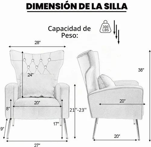 Vista 2 de Silla decorativa de terciopelo para sala de estar, sillón de mediados de siglo con respaldo de ala alta, silla auxiliar dorada para dormitorio