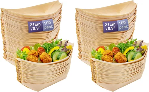 Vista 9 de MATANA Platos de bambú grandes desechables de 8.3" pulgadas, paquete de 100 - Bandeja de servicio biodegradable tipo barco para sushi, platos