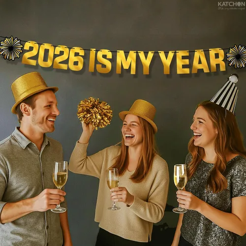 Vista 7 de KatchOn, Cartel de Feliz Año Nuevo – 10 pies, preencordado Fondo dorado de feliz año nuevo, decoraciones de Año Nuevo 2026 Telón de fondo NYE