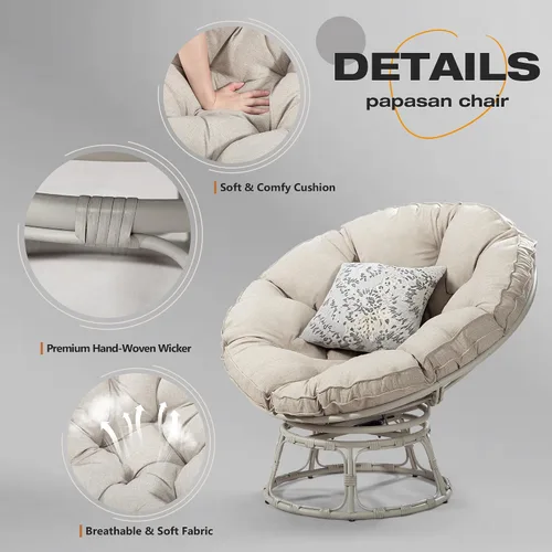 Vista 6 de Papasan - Silla con cojín, base giratoria de 360°, platillo grande, marco gris claro, poliéster beige