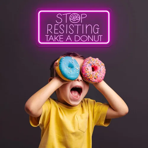 Vista 2 de Señales de neón con forma de dona, "Stop Resisting Take A Donut", luz LED regulable para tienda de donas, negocios, cafetería, panadería, postres