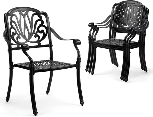 Vista 12 de VINGLI Juego de 2 sillas de patio apilables de aluminio fundido para exteriores con acabado negro vintage y patrón floral, sillones de metal
