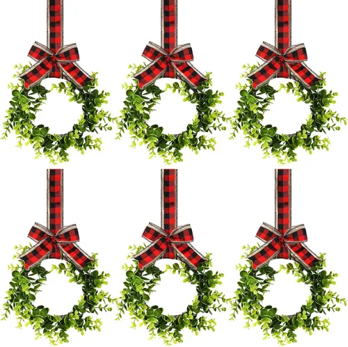 Vista 10 de 6 Piezas Coronas Pequeñas de Navidad para Gabinete de Cocina 9" Mini Coronas Artificiales de Boj de Navidad con Lazo de Cinta Decoración de Fiesta