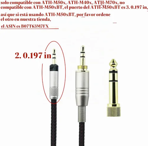 Vista 3 de Cable de repuesto para audio de 1,2m /1,5m/2,5m/ 3m para audífonos Audio Technica ATH-M50x ATH-M40x