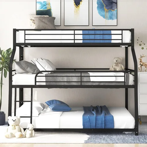 Vista 3 de Flieks Cama triple de metal individual XL sobre matrimonial XL sobre cama Queen con escaleras, litera para familia, adolescentes, no necesita somier