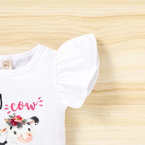 Vista 18 de Conjunto de ropa para bebé niña de 1er cumpleaños con mangas con volantes + pantalones cortos estampados + diadema para tartas