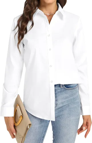 Vista 2 de J.VER Camisa de vestir de manga larga con botones para mujer, blusa de trabajo elástica y sólida