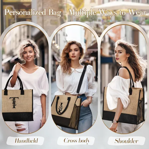 Vista 4 de AUNOOL Bolsas de mano con iniciales para mujer, bolsa de playa con bolsillo con cremallera y correa, regalos de cumpleaños para amigas, regalos