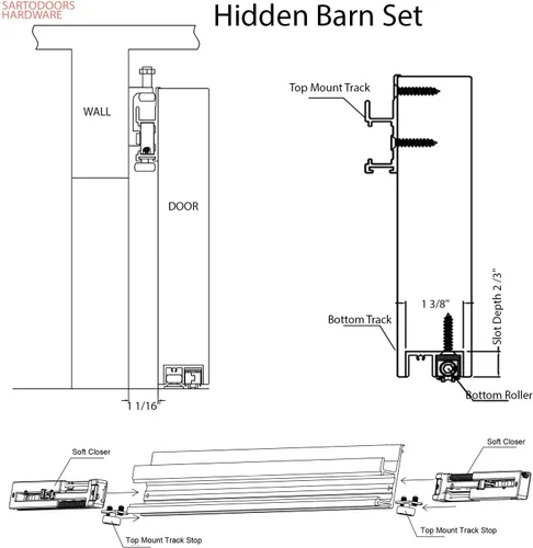 Vista 3 de Hidden Barn Basic 3001 Antique Oak Puertas de chapa de madera Juego deslizante oculto mágico 28 x 80 pulgadas Roble antiguo