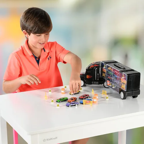 Vista 5 de Camión de Juguete Transportador de Autos - Incluye 6 Autos de Juguete y Accesorios, Cabe 28 Ranuras para Autos de Juguete - Gran Regalo para Niños
