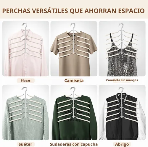 Vista 7 de Perchas de ropa que ahorran espacio, 6 niveles antideslizantes para camisas Beige