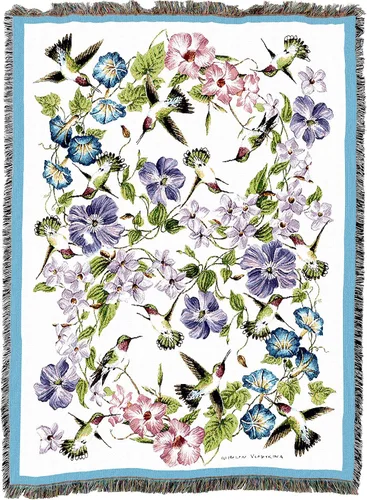 Vista 4 de Pure Country Weavers Manta de colibríes por Elena Vladykina – Tapiz de regalo floral de jardín de pájaros, manta tejida de algodón, fabricada
