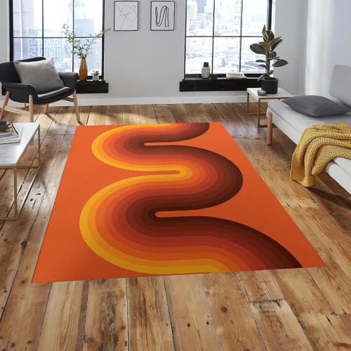 Vista 3 de Alfombra retro de color marrón naranja y marrón, antideslizante, 5 x 7 pies, alfombra de yoga moderna de mediados de siglo, alfombra de yoga