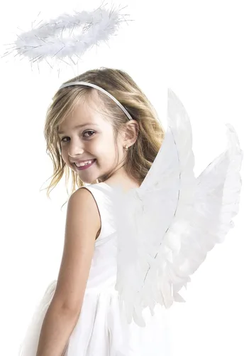 Vista 5 de Alas de ángel blancas y halo para niñas disfraces de alas para niños alas blancas para niños y niños alas de plumas para festivales Halloween