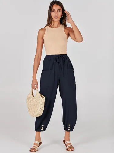 Vista 5 de ANRABESS Pantalones de lino de verano para mujer, estilo casual, pierna ancha, con cordón en la cintura, pantalones palazzo recortados