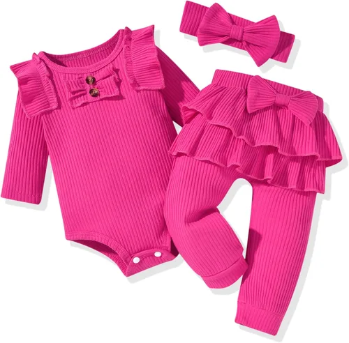 Vista 18 de Aalizzwell Conjunto de mameluco acanalado para bebés y niñas prematuros, para otoño e invierno Beige