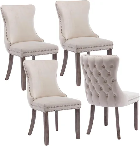 Vista 17 de mikibama Juego de 2 sillas de comedor tapizadas de terciopelo con respaldo de ala, sillas de comedor con patas de madera maciza con botón de cabeza