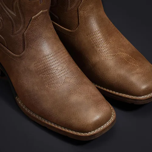 Vista 5 de Cowboy Boots for Men Square Toe Western Boots Retro Classic Embroidered Pull On Boot Marrón 002