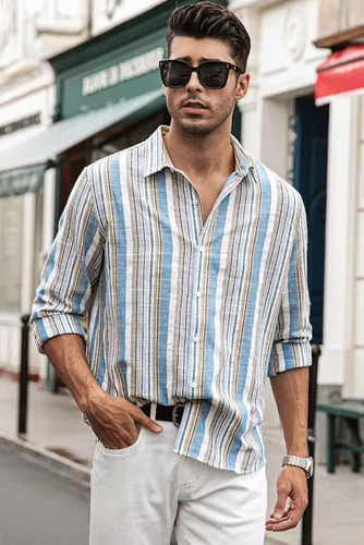 Vista 5 de JMIERR Camisas de algodón para hombre, camisa de vestir a rayas con botones y manga larga
