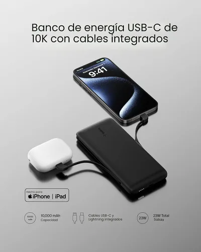 Vista 6 de Belkin Banco de Energía Cargador Portátil para iPhone/Android - 10,000mAh, Paquete de Batería de 23W para Teléfono con Cables USB-C y Lightning
