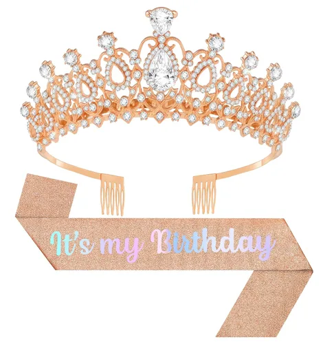 Vista 18 de Tiara de cumpleaños y corona con banda, tiara de cumpleaños para fiesta de mujeres (rosa)