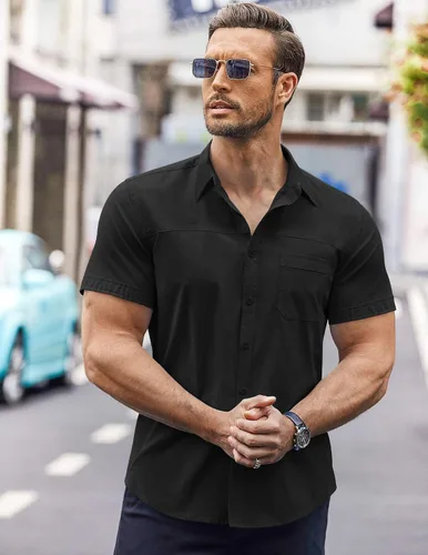 Vista 3 de COOFANDY Camisas de vestir para hombre, de manga corta, de algodón, casual, con botones, con bolsillo