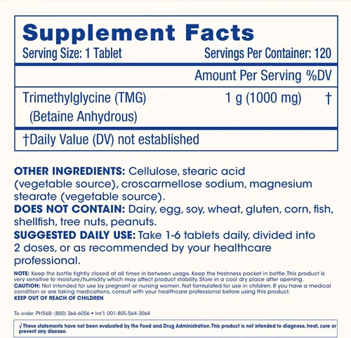 Vista 6 de ProHealth Longevidad TMG Supplements (trimetilglicina), betaína anhidra - 1,000 mg, 120 tabletas - Soporte de metilación (120
