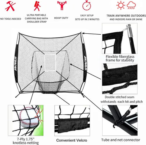 Vista 2 de 7'X7' Baseball Softball Practice Net,Pitching Net,Batting Net,with Baseball Tee,Bonus Strike Zone and Bow Frame,for Hitting,Pitching, Catching