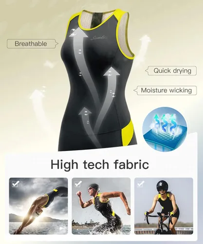 Vista 4 de Santic Traje de triatlón para mujer, traje de baño de una pieza sin mangas con cremallera trasera acolchada de secado rápido