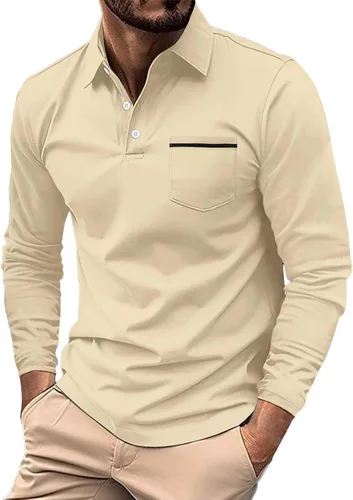 Vista 31 de Polo de manga larga para hombre, diseño casual de algodón con bolsillo, cuello clásico con botón para golf