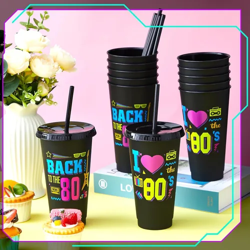 Vista 4 de Uiifan 12 vasos de plástico reutilizables de 24 onzas con tapa y popote para fiestas de los años 80, para decoración de fiestas de los 80