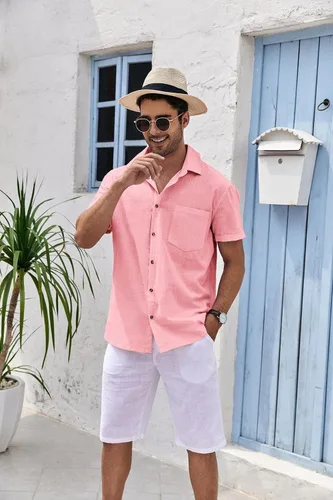 Vista 2 de Bbalizko Mens Short Sleeve Button Up Shirts Linen Cotton Beach Tops Spread Collar Plain Summer T Shirt with Pocket