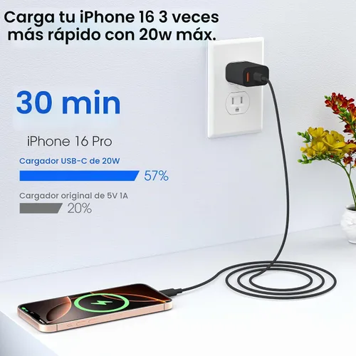 Vista 3 de Cargador para iPhone 17 16 15 de carga rápida, bloque de cargador de pared USB C de 20 W con cable tipo C a C de 6 pies para Apple iPhone 17/17