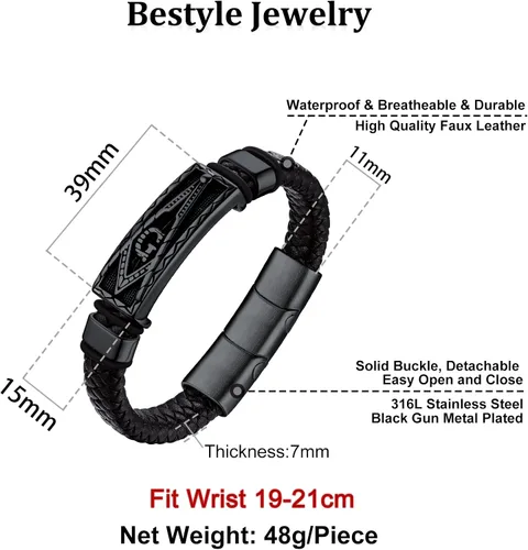 Vista 7 de Bestyle Pulseras vikingas trenzadas de cuero genuino para hombres y niños, pulseras vintage de martillo de Thorcalaveramasónico masón con cierre,