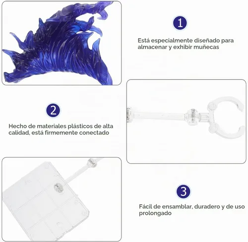 Vista 4 de Conjunto de soporte para figuras de acción con efectos de fuego - Soporte de exhibición color púrpura y azul para modelos de 6-12 pulgadas, fácil