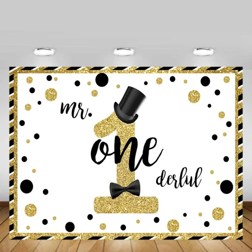 Vista 2 de MEHOFOND Mr Onederful - Fondo de cabina de estudio fotográfico negro y dorado con purpurina dorada, sombrero negro, pajarita para decoración